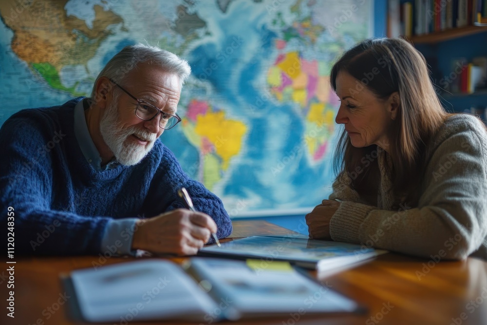 Elderly man and woman discussing maps and geography in a cozy room with a world map backdrop, showcasing a moment of learning and connection between generations Elderly man and woman discussing maps and geography in a cozy room with a world map backdrop, showcasing a moment of learning and connection between generations