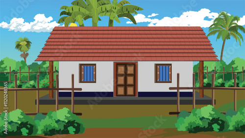 Village Mud house with tiles roof background with trees and banana trees,fence and bushes.Poor farmer cottage