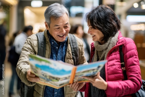 Elderly couple looking at travel brochure while smiling and enjoying their time together in a busy shopping center filled with people and lights