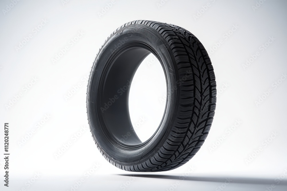 A high-quality studio photography shoot of a black tire suspended in mid-air, isolated against a clean white background. A high-quality studio photography shoot of a black tire suspended in mid-air, isolated against a clean white background.