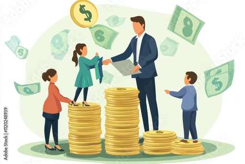 Children Learning Financial Literacy Through Interactive Activities About Money Management and Savings with Playful Coin Stacks and Dollar Bills