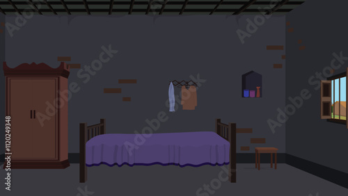 Asian Village cottage interior design for cartoon animation.Indoor design of a mud house with wooden furnitures