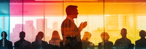 A male leader presents confidently in a modern office, with colorful reflections illuminating the room.