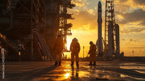 Workers at Launch Pad Preparing for Rocket Maintenance at Sunset