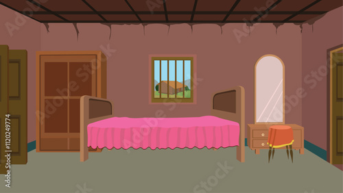 Village House Interior design with a wooden cupboard and a dressing table.A bedroom with a pink bed and a window