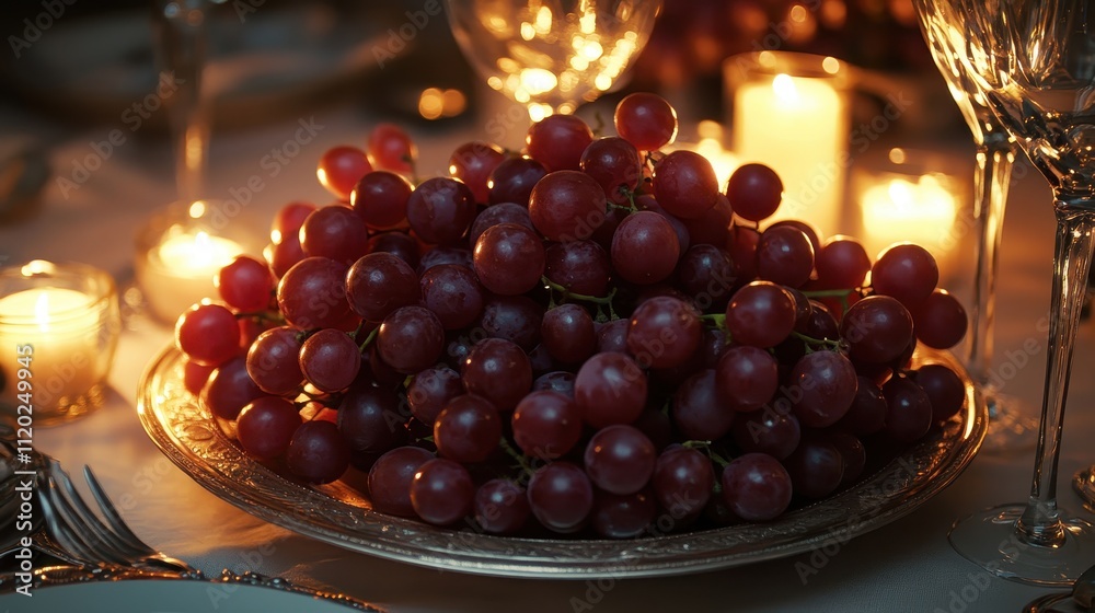 Fresh Red Grapes on a Table with Candles Fresh Red Grapes on a Table with Candles