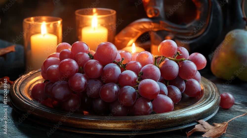 Fresh Grapes on a Silver Platter with Candles Fresh Grapes on a Silver Platter with Candles