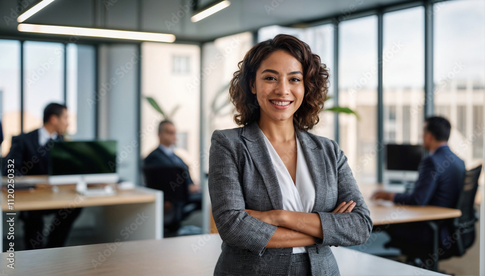 Smiling businesswoman posing with crossed arms in modern office with working colleagues in background Smiling businesswoman posing with crossed arms in modern office with working colleagues in background