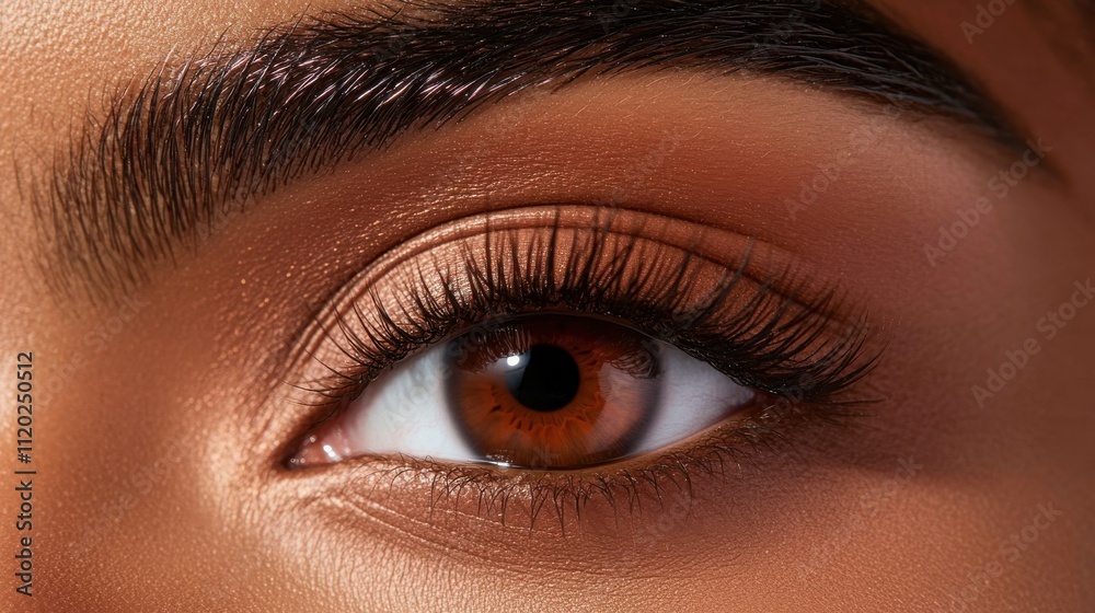 Fototapeta premium A mesmerizing amber eye of a Latino individual, surrounded by smooth skin and fine, natural lashes
