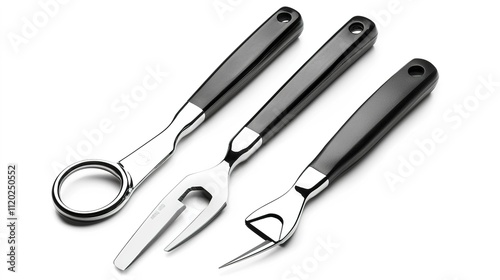 Three specialized kitchen tools with black handles and metallic blades designed for various food preparation tasks.