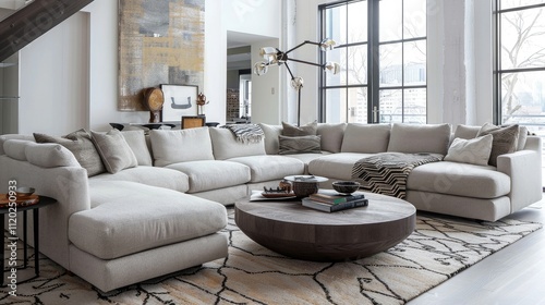 stylish living room with a sectional sofa, a large coffee table