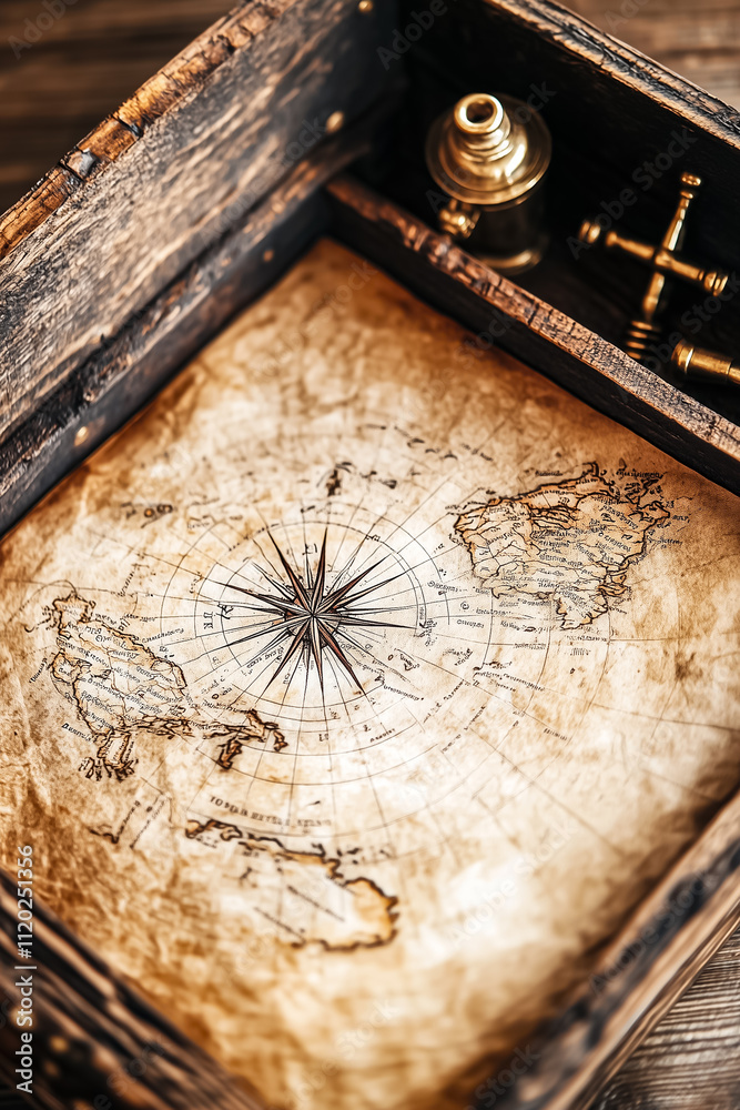 Fototapeta premium Old map with a compass rose and detailed continents on display at a museum showcasing history and exploration