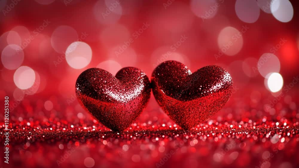 Red heart bokeh background for Valentine's Day celebration on a red background.