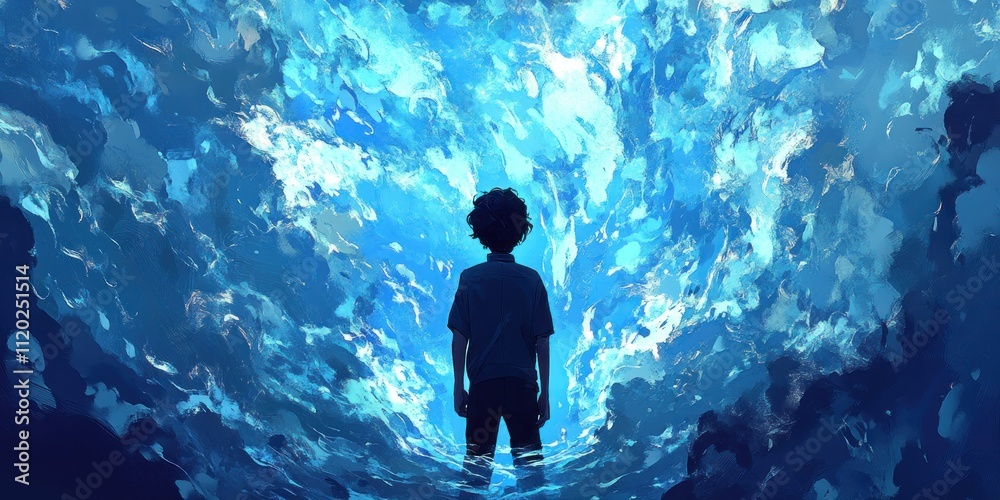 Fototapeta premium Boy Contemplates a Vast Blue Abstract Seascape