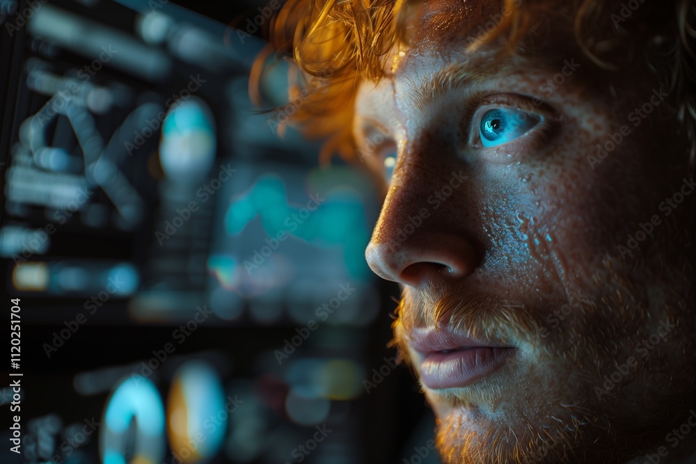 A focused individual examines digital data on a screen, showcasing innovation and insight.