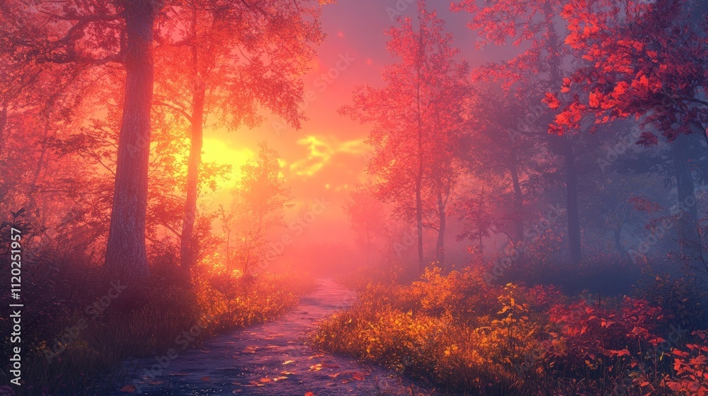 Misty autumn forest path at sunset.