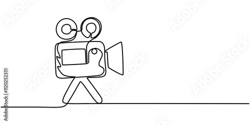 Continuous one line drawing of a retro cinema camera. Vintage cinema camera isolated on a white background. Vector illustration, Continuous line drawing from video camera, Continuous one line drawing.