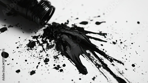 Black ink splattering dramatically from an overturned bottle onto textured white paper. photo