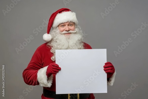 Cheerful Santa Claus Holding a Blank Sign Mock Up with Space for Your Text, Holiday Promotions and Events. Jolly Santa Claus gesturing pointing on white banner placard, festive themes advertising. photo