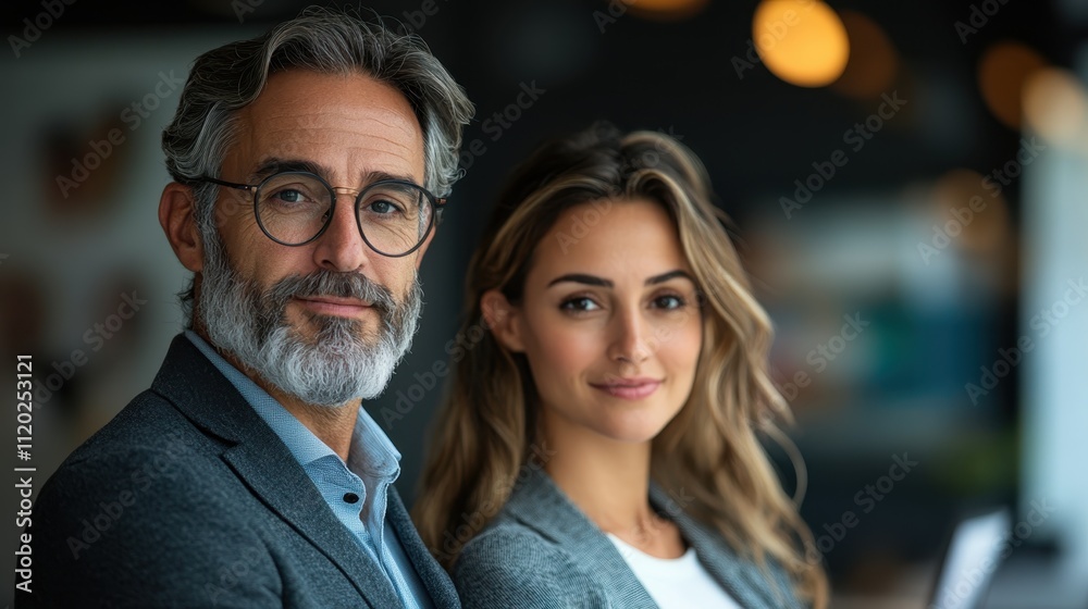Professional couple portrait with smiling man and woman in casual attire, warm background lights, showcasing confidence and collaboration in a workspace environment. Professional couple portrait with smiling man and woman in casual attire, warm background lights, showcasing confidence and collaboration in a workspace environment.