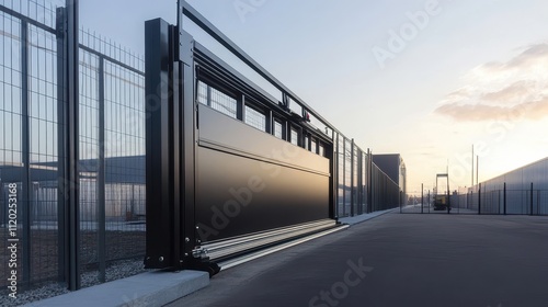 Modern Sliding Gate with Industrial Fence Background