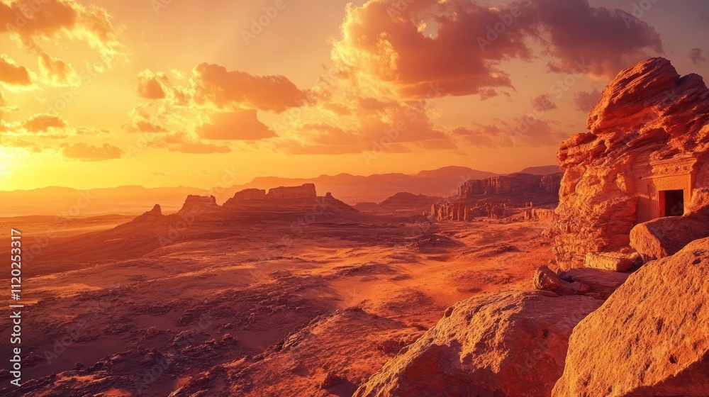 Fototapeta premium Illustration of Sunset casting warm colors over desert landscape. Ai generated image