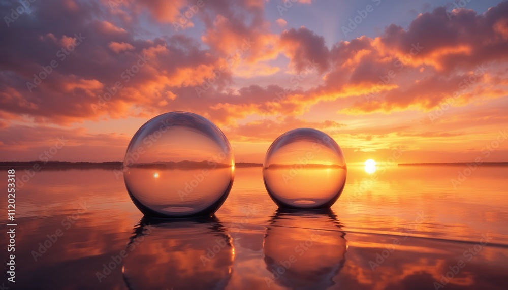 Lightheartedness in a tranquil lake scene with crystal spheres reflecting a golden sunset