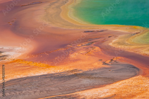 Closeup or runoff from Grand Prismatic hot spring, Yellowstone National Park photo