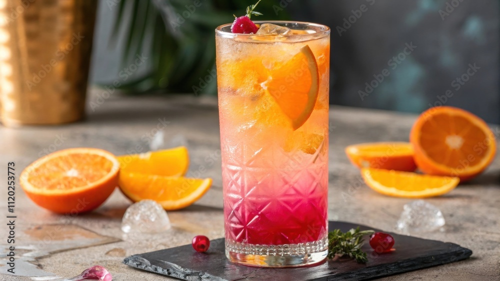 Fototapeta premium A layered mocktail in a highball glass that artfully displays vibrant orange and pink hues from tropical fruits.