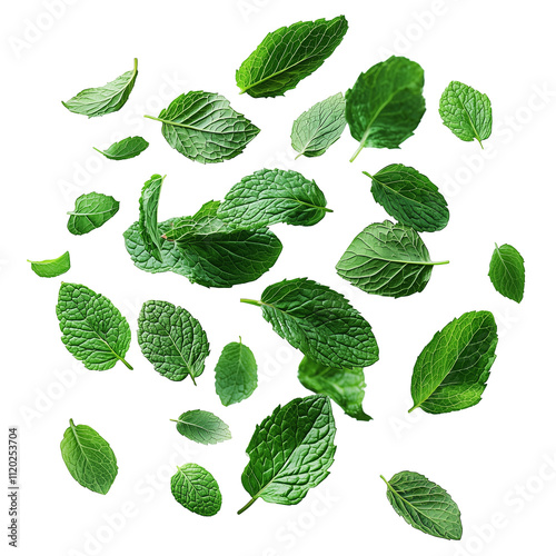 Fresh mint leaves floating on transparent background. Cutout.