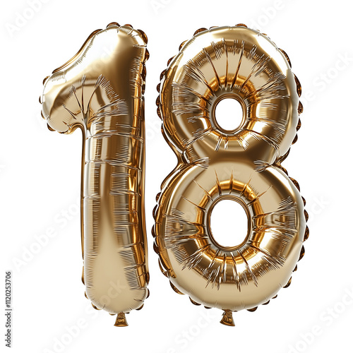 Golden balloons in the shape of number 18 isolated on transparent background. Cutout.