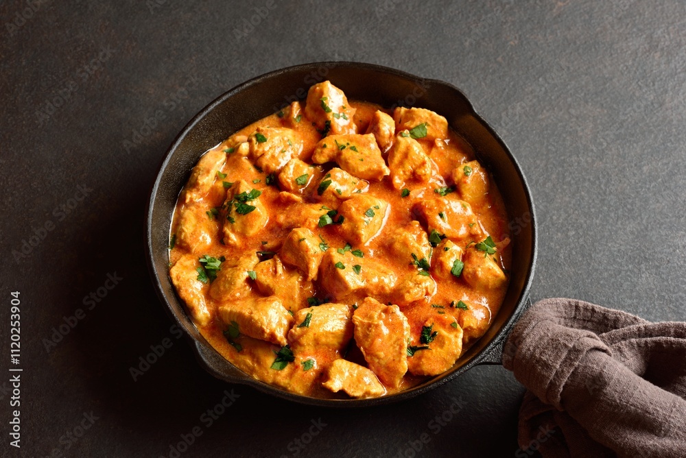 Delicious chicken tikka masala curry in cast iron pan Delicious chicken tikka masala curry in cast iron pan