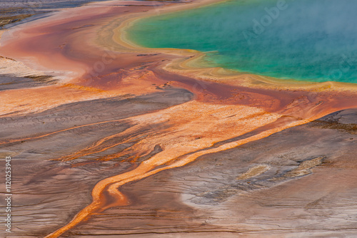 Closeup or runoff from Grand Prismatic hot spring, Yellowstone National Park photo