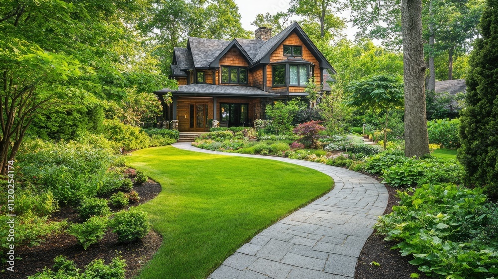 A charming house surrounded by a lush garden and winding pathway. A charming house surrounded by a lush garden and winding pathway.
