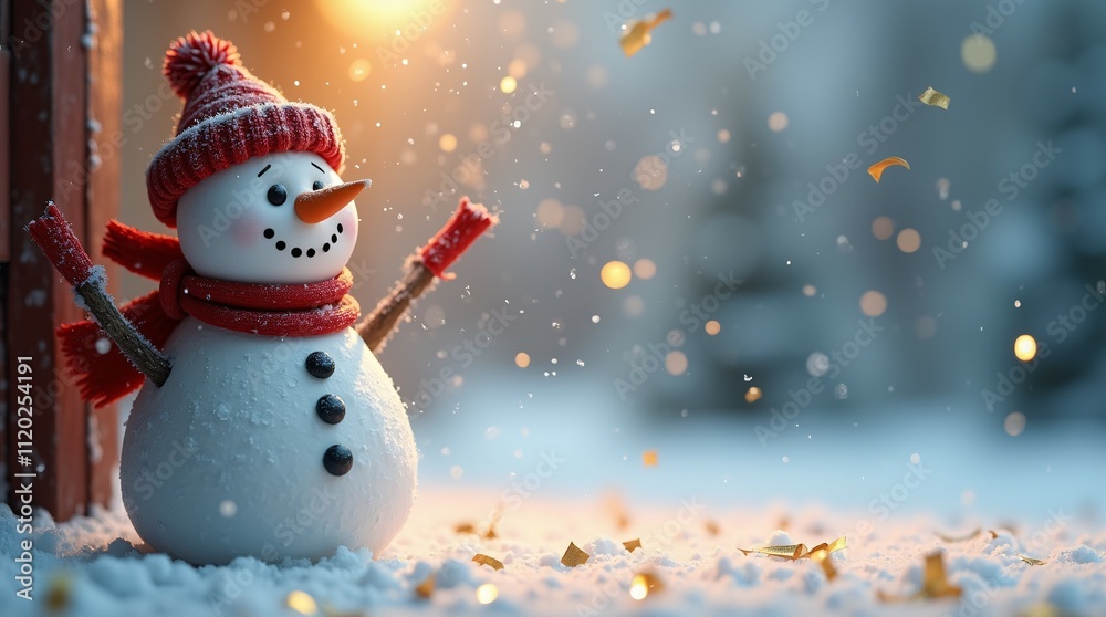 Snowman with Hat, Scarf, and Gloves in Snowy Landscape with Bokeh Lights and Golden Confetti. Snowman with Hat, Scarf, and Gloves in Snowy Landscape with Bokeh Lights and Golden Confetti.