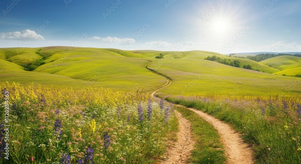 Fototapeta premium Serene countryside trail amidst blooming wildflowers on sunny day