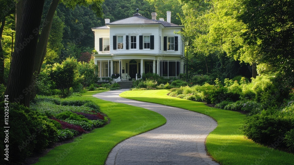 A charming house surrounded by lush greenery and a winding path in a serene garden setting. A charming house surrounded by lush greenery and a winding path in a serene garden setting.