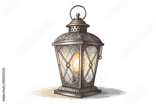 retro lantern with frosted glass and glowing light engraving color sketch illustration