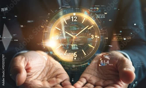 A person holds a glowing clock, symbolizing time management and innovation in a digital age.