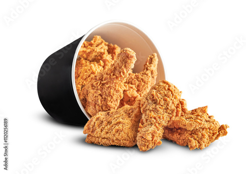 Crispy golden fried chicken served in a stylish black bucket with pieces placed around it. Ideal for food marketing, restaurant branding, or advertising campaigns, showcasing irresistible fast food photo