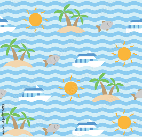 Flat summer sea seamless pattern with sea, island, boat, fish, and sun elements