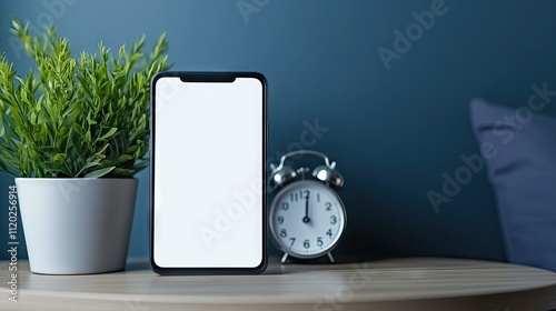 Blank smartphone screen on a bedside table next to an alarm clock and a small potted plant photo