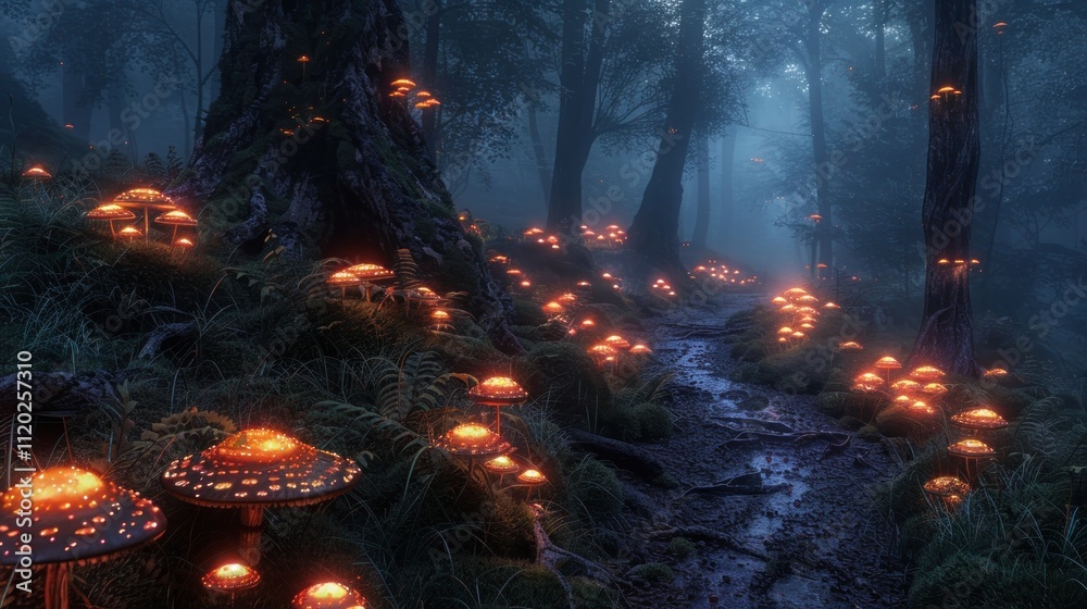Glowing mushrooms illuminate a mystical forest path at night.