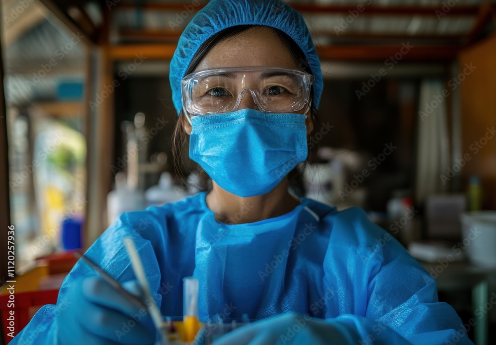 Healthcare Professional in Protective Gear Conducting Lab Work with Precision in a Modern Laboratory Environment for Medical Research and Testing Purposes Healthcare Professional in Protective Gear Conducting Lab Work with Precision in a Modern Laboratory Environment for Medical Research and Testing Purposes