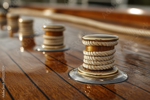 Close-up of polished wooden boat deck with golden rope cleats. photo