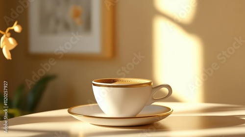 A coffee cup with a saucer, softly illuminated by natural light, creating a serene atmosphere.