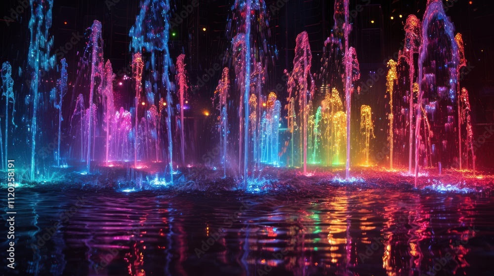 Naklejka premium Colorful illuminated water fountain at night. (2)