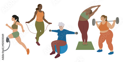 Women exercising isolated vector. Women in fitness collection illustration