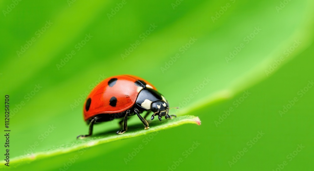 Naklejka premium Vibrant ladybug on fresh green leaf in nature