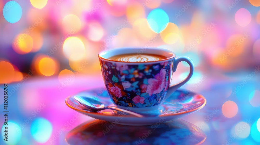Fototapeta premium A colorful floral cup of coffee on a saucer, set against a vibrant, blurred background.